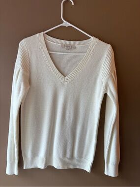 LOFT Cream V-Neck Ribbed-Trim Knit Sweater